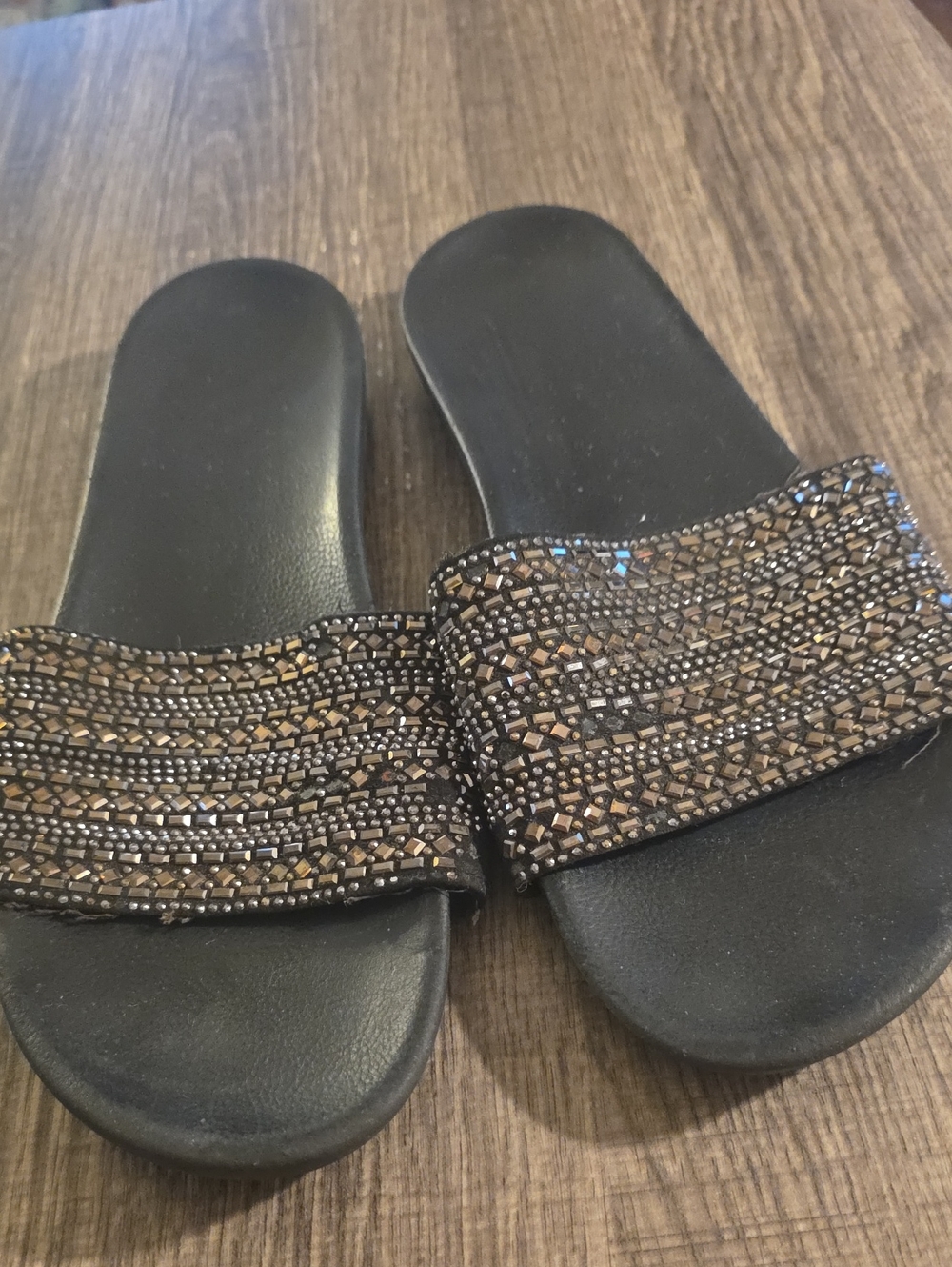 Women’s Black Slide Sandals with Bronze Beaded Strap Size 11